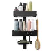 Black ShowerSMART shower caddy holding shampoo bottles, a razor and a loofah