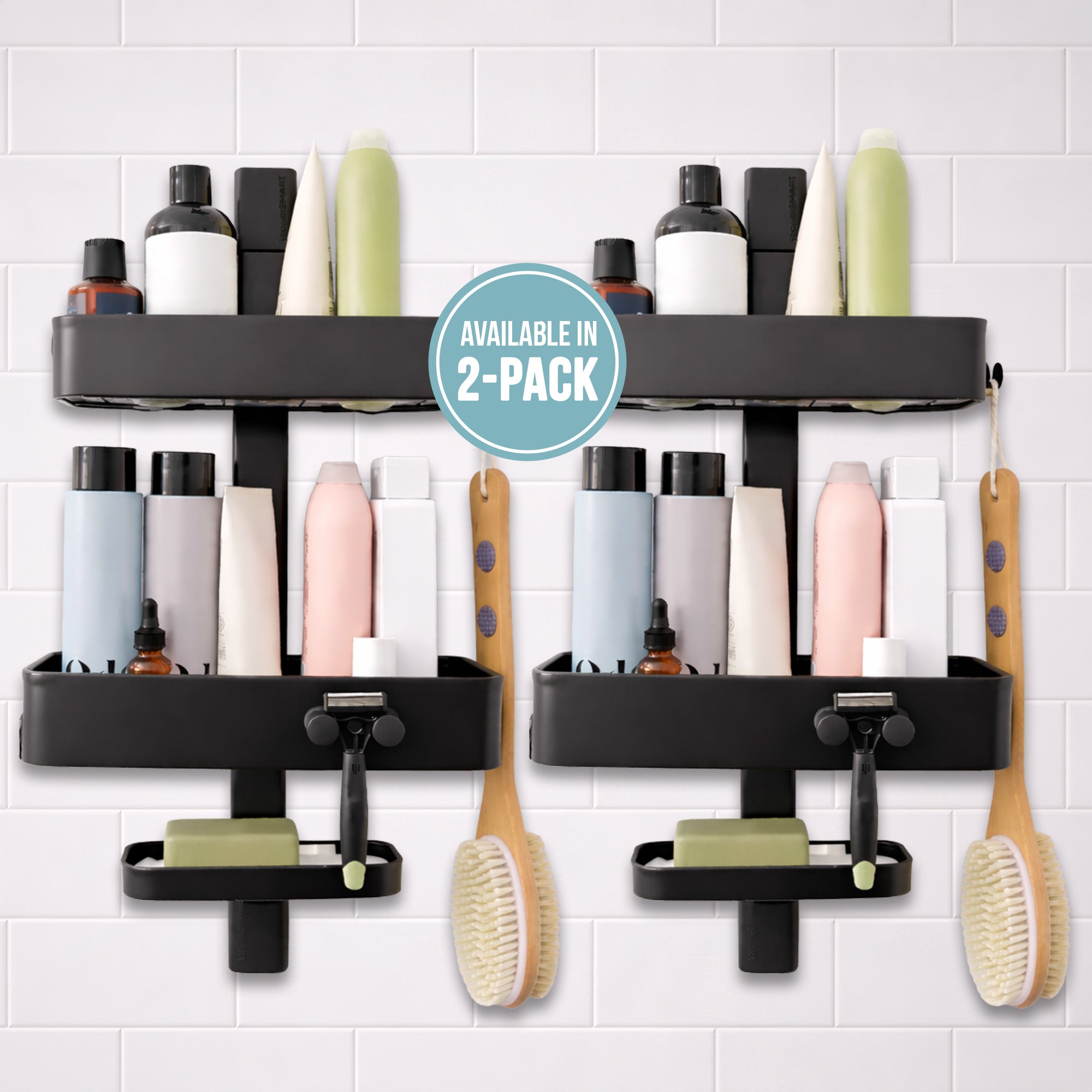 Shower Caddy, Rust Resistant No Drill Adhesive Wall Mount Shower Organizer, Adjustable Shelves & Magnetic Hooks - ShowerSMART