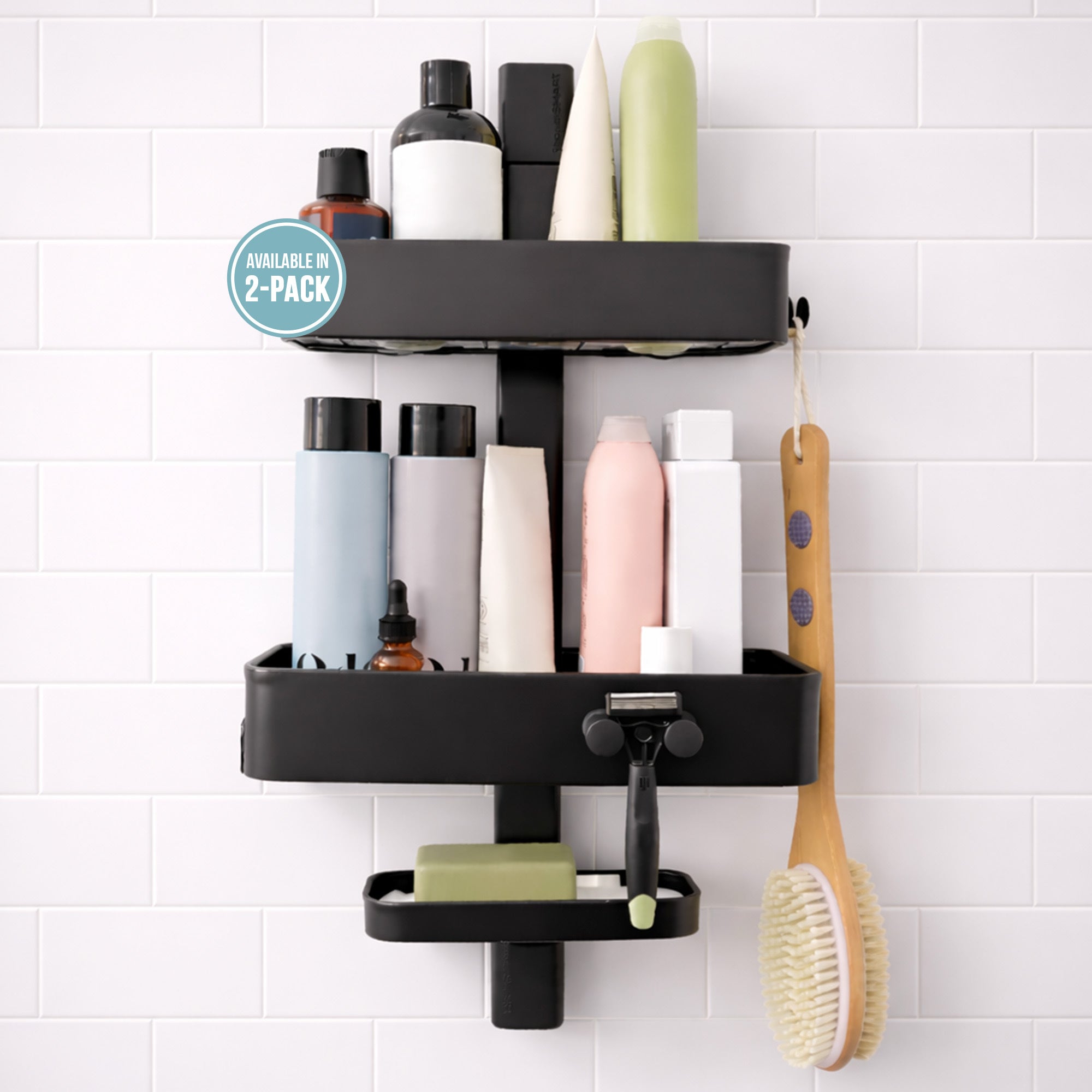 Shower Caddy, Rust Resistant No Drill Adhesive Wall Mount Shower Organizer, Adjustable Shelves & Magnetic Hooks - ShowerSMART
