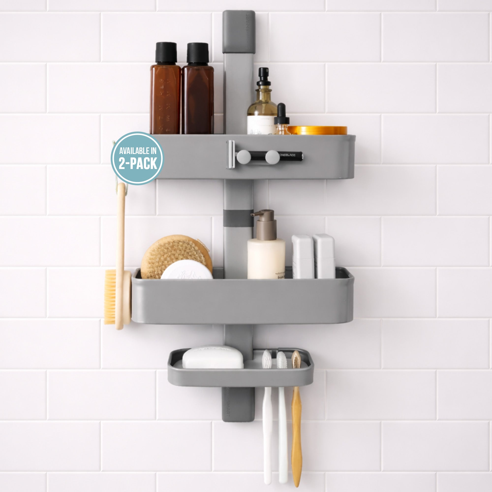 Shower Caddy, Rust Resistant No Drill Adhesive Wall Mount Shower Organizer, Adjustable Shelves & Magnetic Hooks - ShowerSMART