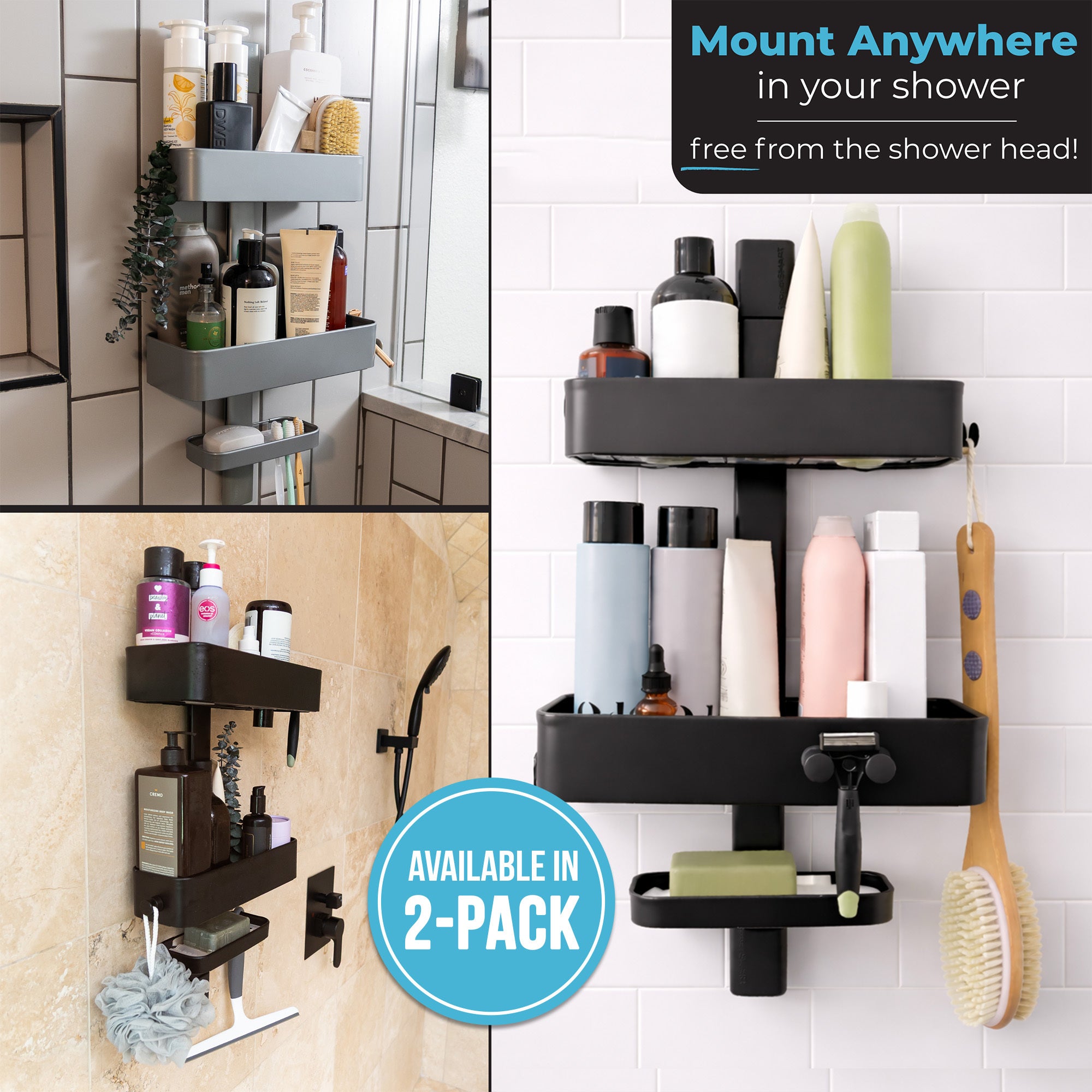 Shower Caddy, Rust Resistant No Drill Adhesive Wall Mount Shower Organizer, Adjustable Shelves & Magnetic Hooks - ShowerSMART