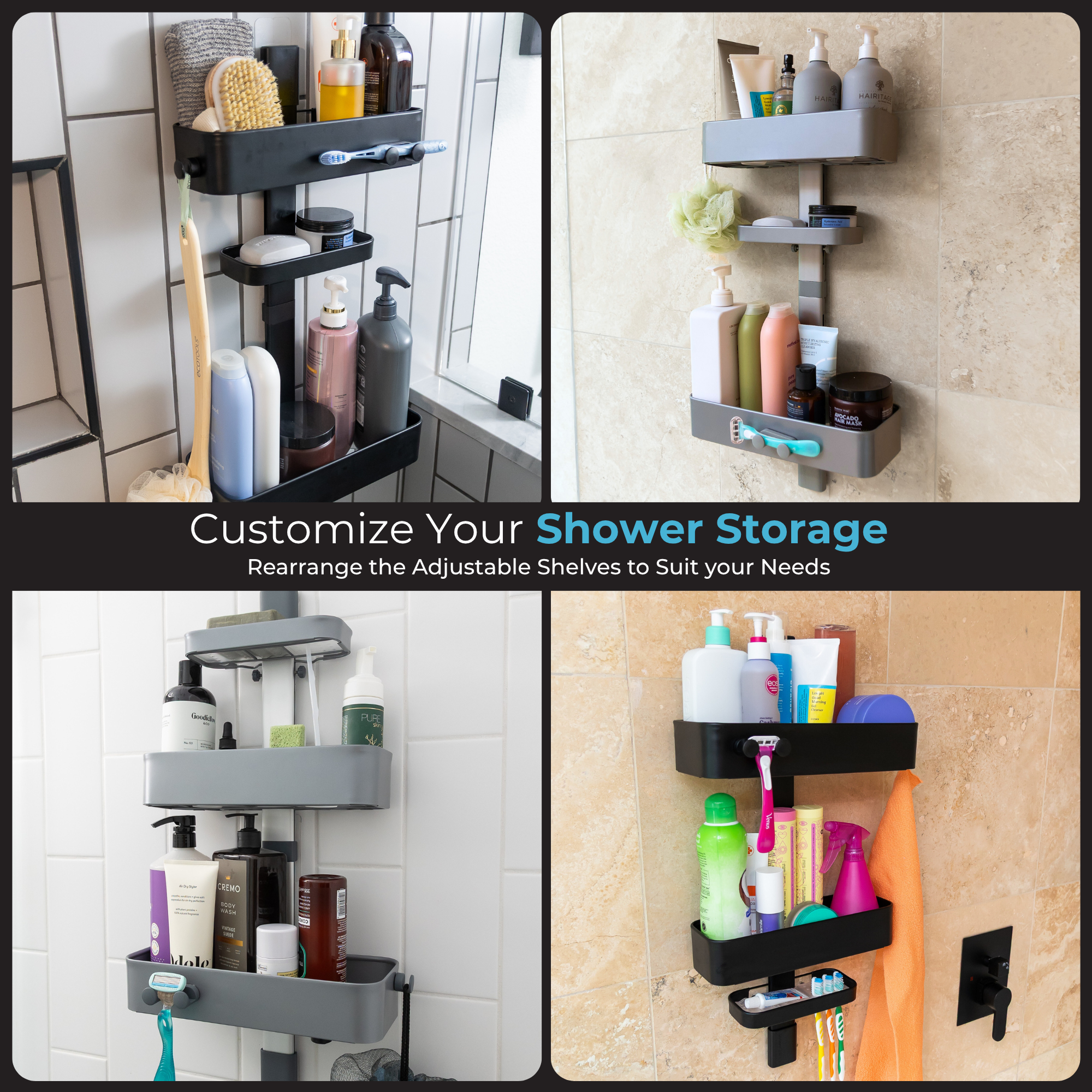 Shower Caddy, Rust Resistant No Drill Adhesive Wall Mount Shower Organizer, Adjustable Shelves & Magnetic Hooks - ShowerSMART