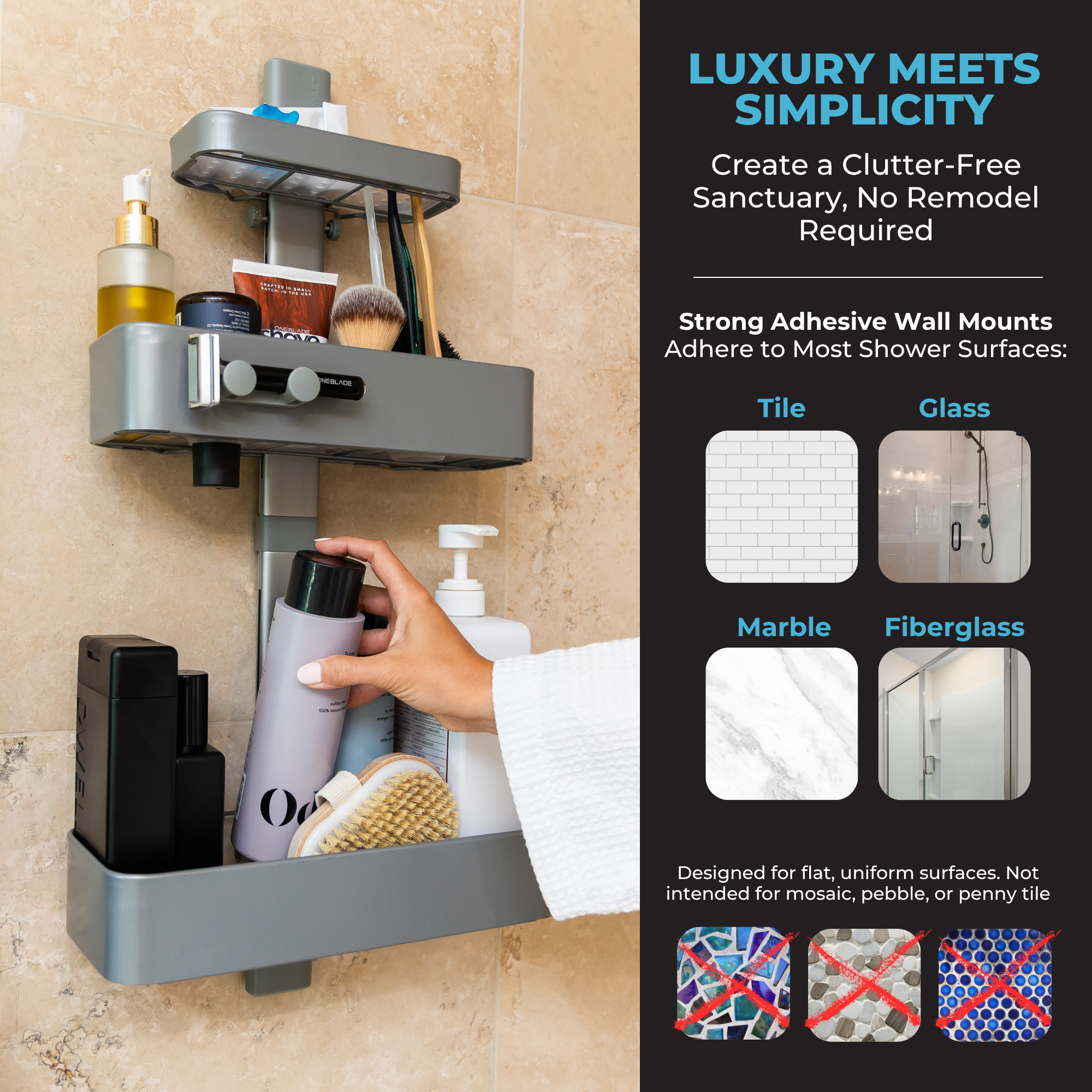 Shower Caddy, Rust Resistant No Drill Adhesive Wall Mount Shower Organizer, Adjustable Shelves & Magnetic Hooks - ShowerSMART