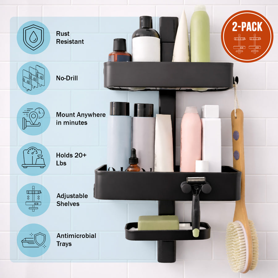 Shower Caddy, Rust Resistant No Drill Adhesive Wall Mount Shower Organizer, Adjustable Shelves & Magnetic Hooks - ShowerSMART