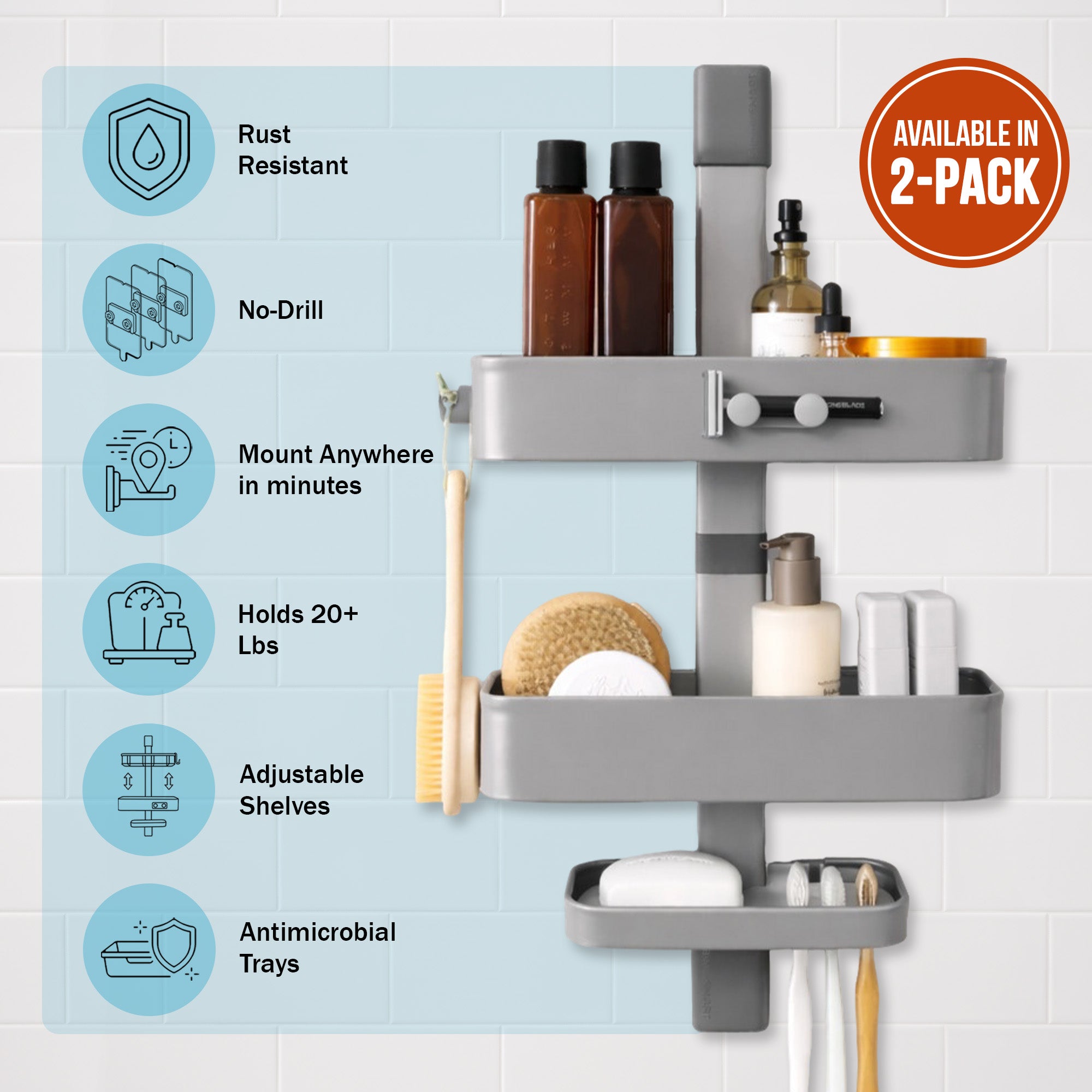 Shower Caddy, Rust Resistant No Drill Adhesive Wall Mount Shower Organizer, Adjustable Shelves & Magnetic Hooks - ShowerSMART