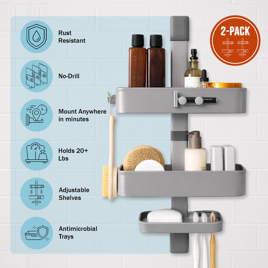 Shower Caddy, Rust Resistant No Drill Adhesive Wall Mount Shower Organizer, Adjustable Shelves & Magnetic Hooks - ShowerSMART