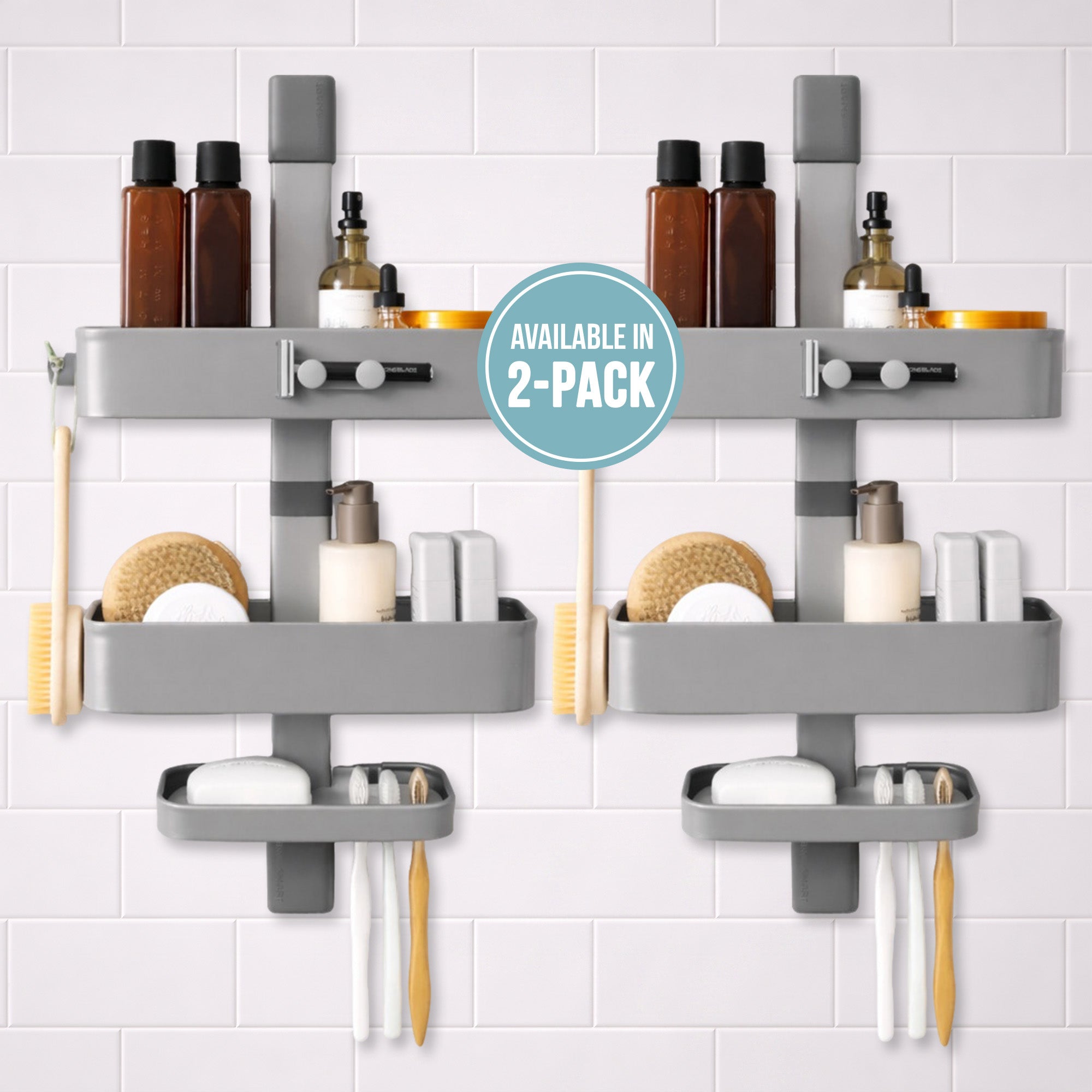 Shower Caddy, Rust Resistant No Drill Adhesive Wall Mount Shower Organizer, Adjustable Shelves & Magnetic Hooks - ShowerSMART