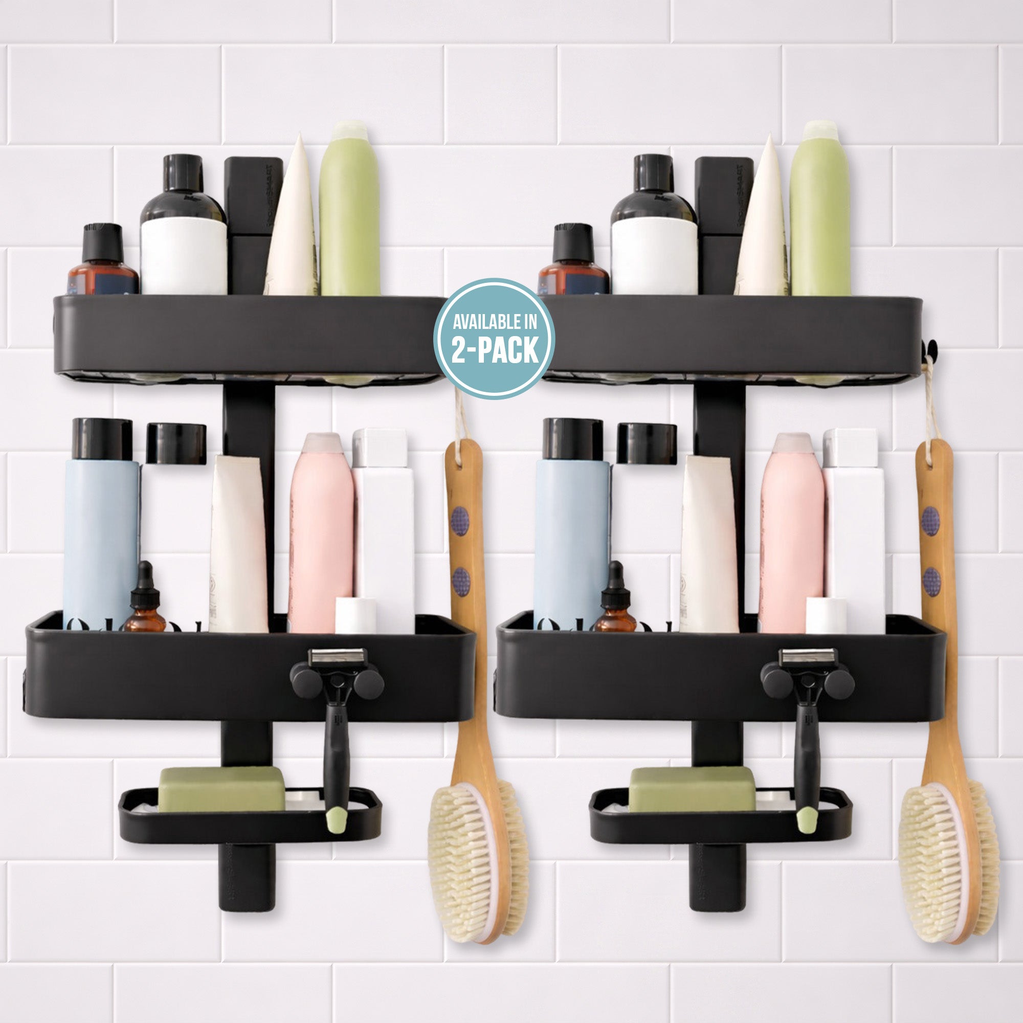 Shower Caddy, Rust Resistant No Drill Adhesive Wall Mount Shower Organizer, Adjustable Shelves & Magnetic Hooks - ShowerSMART