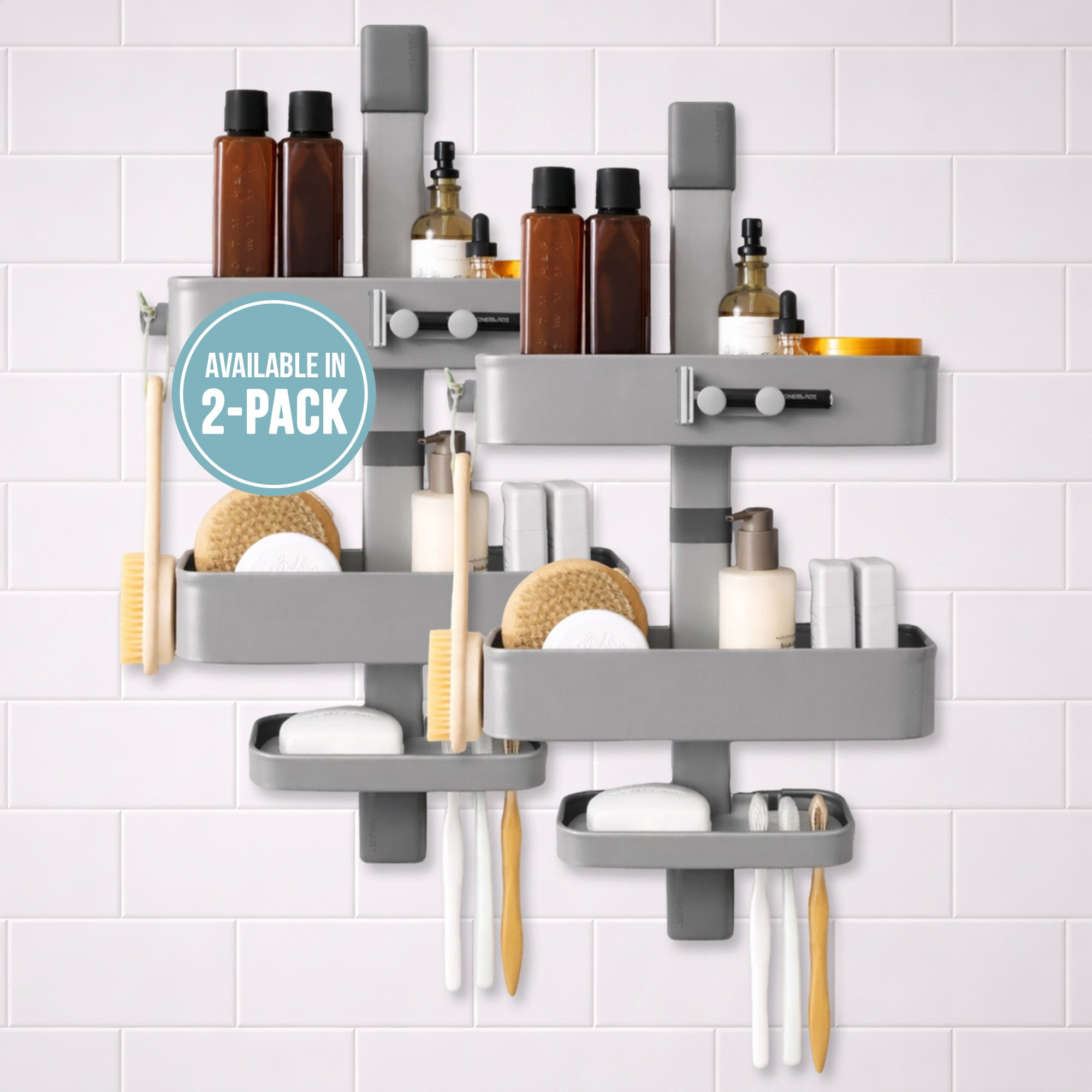 Shower Caddy, Rust Resistant No Drill Adhesive Wall Mount Shower Organizer, Adjustable Shelves & Magnetic Hooks - ShowerSMART